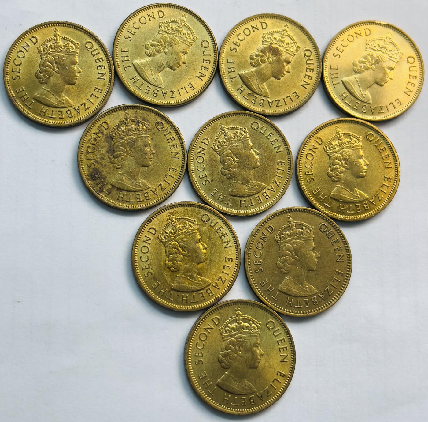 文馨钱币收藏第 282 场，【 长期接收代拍品】，加拿大老铜代用币，银币，德三系列场 原铜光品相英属香港时期女王大一毫铜币 10 枚，铜光闪闪