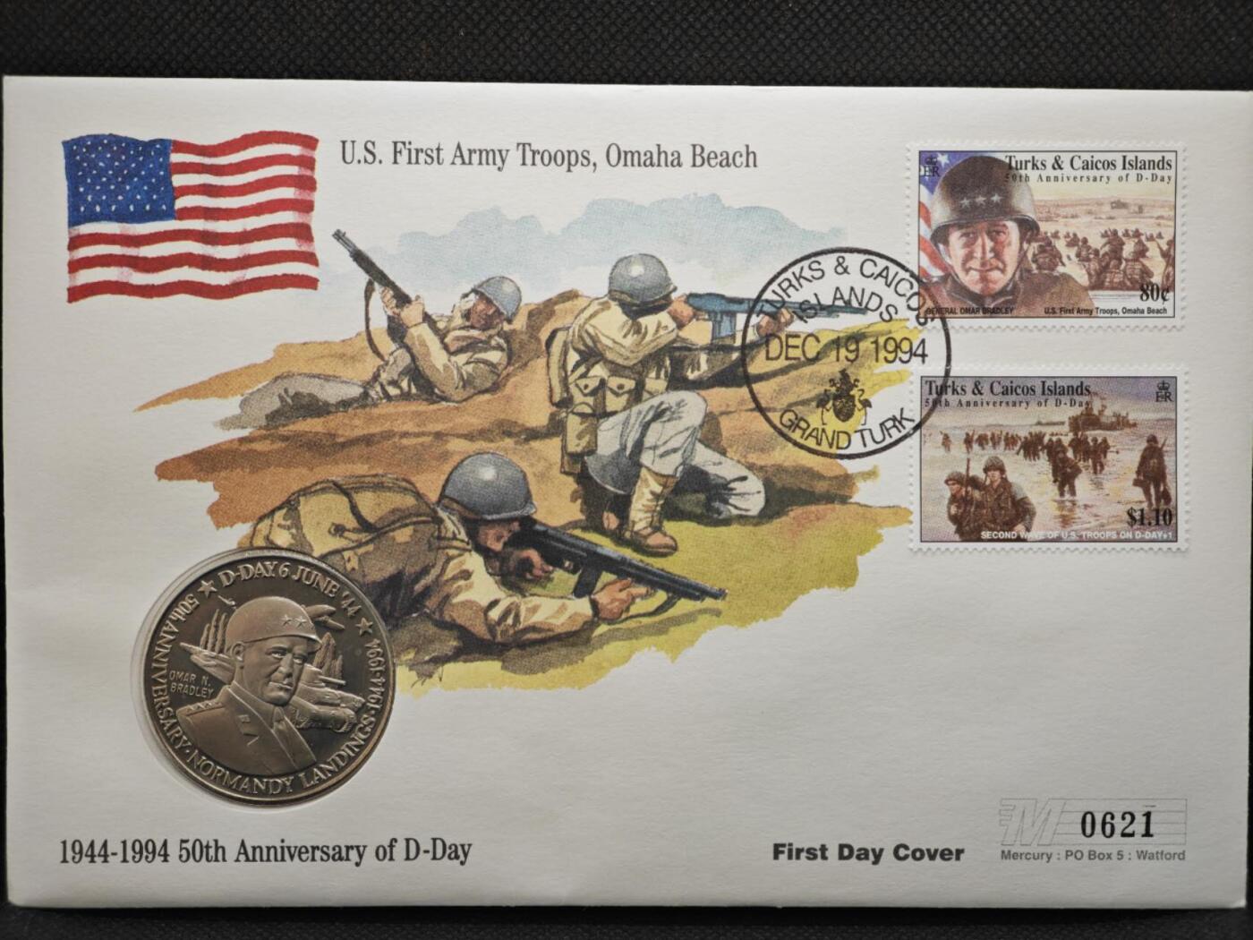 【淘币小摊】限时拍第八百零七拍  克朗币邮币封场  满百包邮可预留两周  周一统一发货    特克斯凯科斯1994年诺曼底登陆50周年5克朗纪念币邮币封