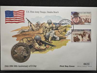 【淘币小摊】限时拍第八百零七拍  克朗币邮币封场  满百包邮可预留两周  周一统一发货  -   特克斯凯科斯1994年诺曼底登陆50周年5克朗纪念币邮币封