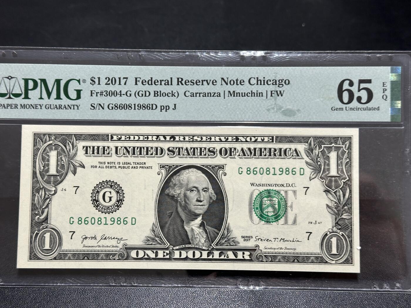 《外钞收藏家》第五百八十七期（精选场）（本平台长期征集拍品、欢迎藏友们联系合作） 2017年美国1美元 倒置号 PMG65 尾1986
