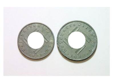 2枚套 德国第三帝国1940年5+10芬尼带孔军币 爽品 - 2枚套 德国第三帝国1940年5+10芬尼带孔军币 爽品