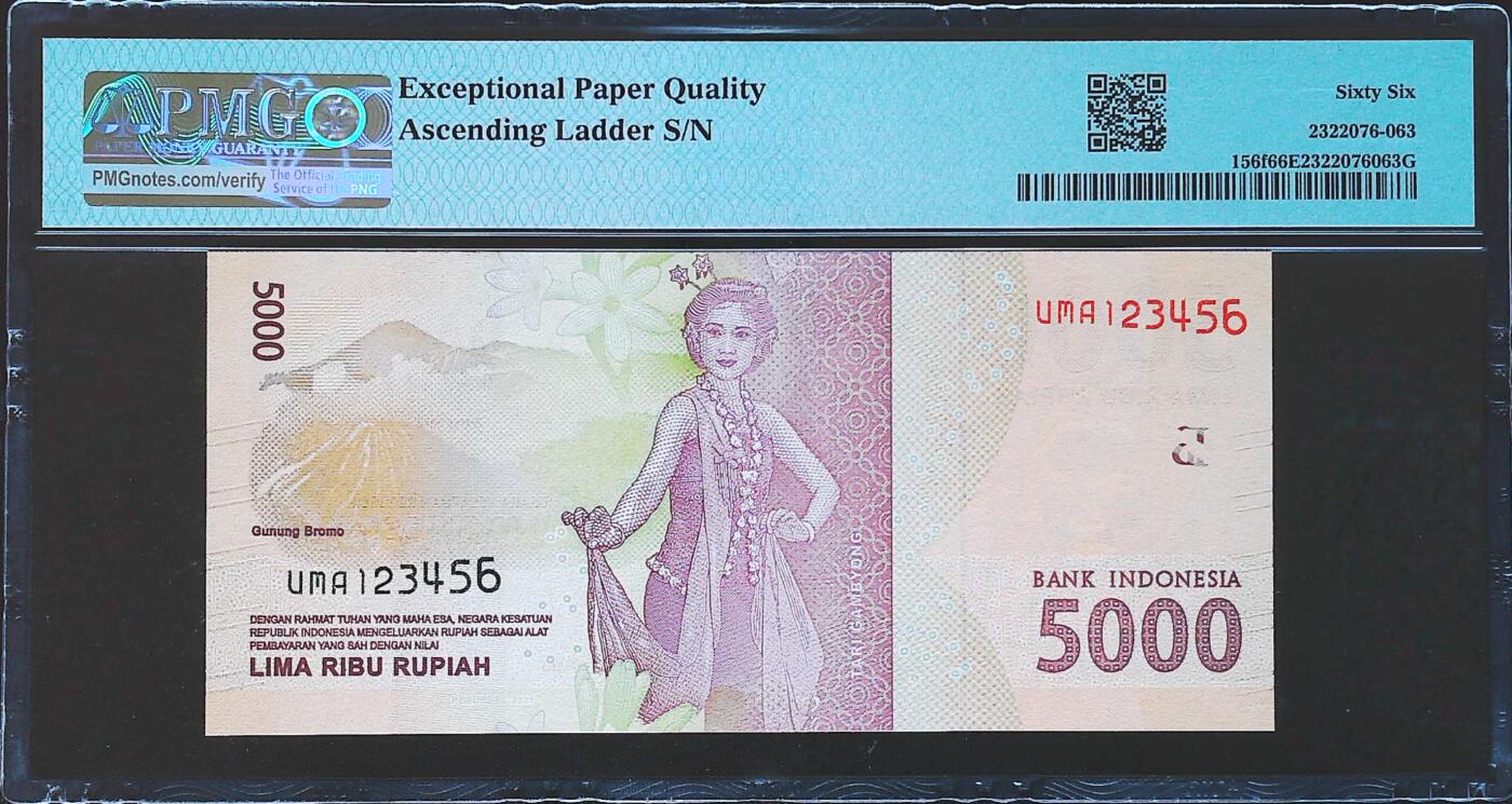 世界靓号纸钞第七十八期 2021年印度尼西亚5000卢比 顺子号123456 PMG66