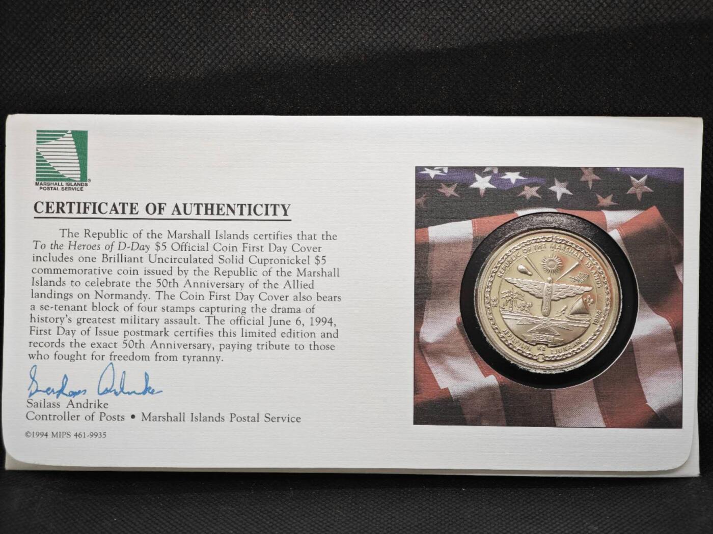 【淘币小摊】限时拍第八百零七拍  克朗币邮币封场  满百包邮可预留两周  周一统一发货    马绍尔群岛1994年诺曼底登陆50周年5元纪念币邮币封