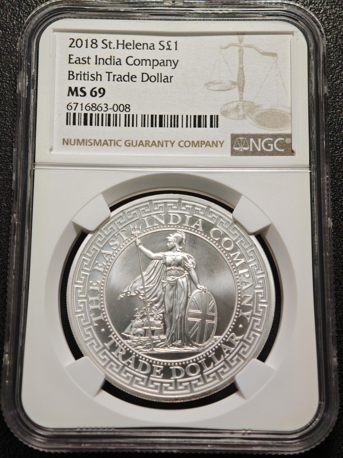 【德藏】世界币章拍卖第154期（拍品征集中~欢迎藏友联系）  2018年 圣赫勒拿 东印度公司英国贸易银币。NGC MS69 站洋图案，面值1磅。非常少见，发行量仅10000枚，值得收藏。