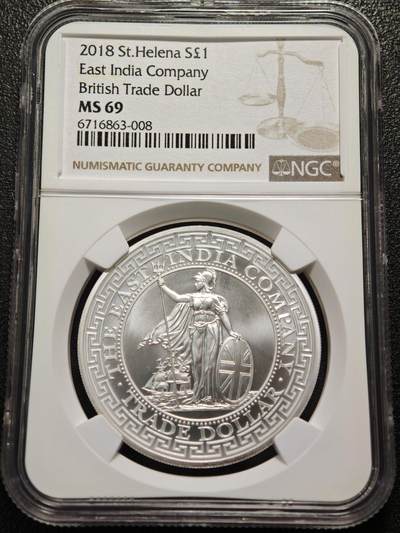 【德藏】世界币章拍卖第154期（拍品征集中~欢迎藏友联系） -  2018年 圣赫勒拿 东印度公司英国贸易银币。NGC MS69 站洋图案，面值1磅。非常少见，发行量仅10000枚，值得收藏。