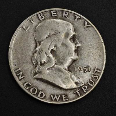 【淘币小摊】实时拍第八百零四拍   散币银币场   满百包邮可预留二周 每周一统一发货   - 美国1951面富兰克林半美元银币