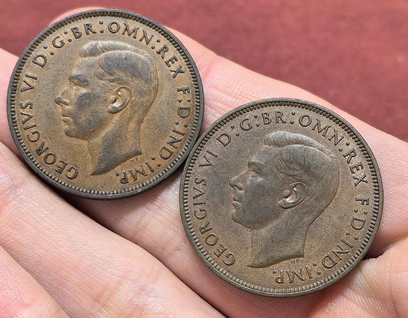 南宋泉阁俄币 外币 国币 专场第十九期 【送拍无额外佣金】 英国 1948年 乔治六世1便士铜币一对 好品 字口不错