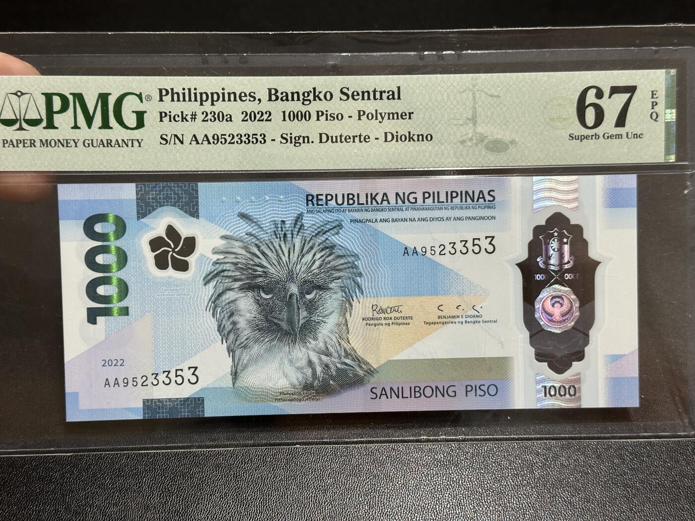 《外钞收藏家》第五百八十七期（精选场）（本平台长期征集拍品、欢迎藏友们联系合作） 2022年菲律宾1000比索 AA冠 无47 PMG67 获奖钞