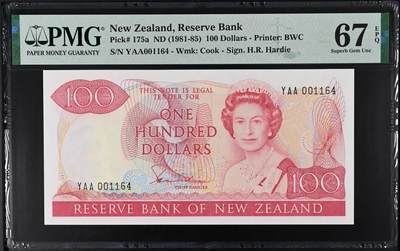 《艾美收藏》第221期-11.23周日黄金场精品荟萃 - 新西兰1981年首发YAA冠100元最高值PMG67E亚军分千位1164号，冠军68分仅6张，花冠女王 Pick175a一签