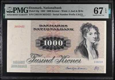 《艾美收藏》第221期-11.23周日黄金场精品荟萃 - 丹麦1992年1000克朗最高值PMG67E高分 名誉品大松鼠 顶级雕刻 栩栩如生 Pick#53g