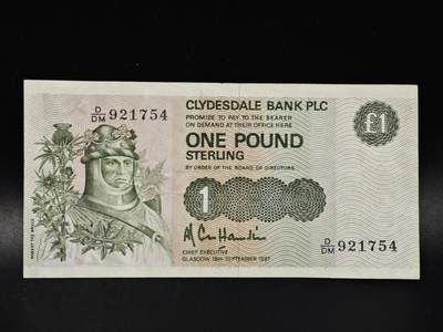 【淘币小摊】限时拍第八百零五拍  纸币场  满百包邮可预留两周  周一统一发货  - 克莱玆戴尔银行1987年一镑纸币【有折】