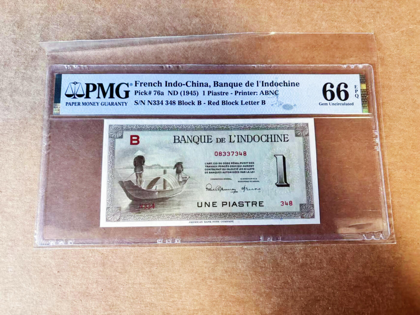 【Blue Auction】世界纸币精拍第754期——18级TOP拍卖/信誉/品质/专业/高效💫 法属印支 1945年1皮 PMG66EPQ 
