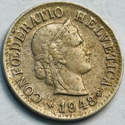 文馨钱币收藏第 282 场，【 长期接收代拍品】，加拿大老铜代用币，银币，德三系列场 - 早期好品 1948 年 B 版瑞士 5 生丁