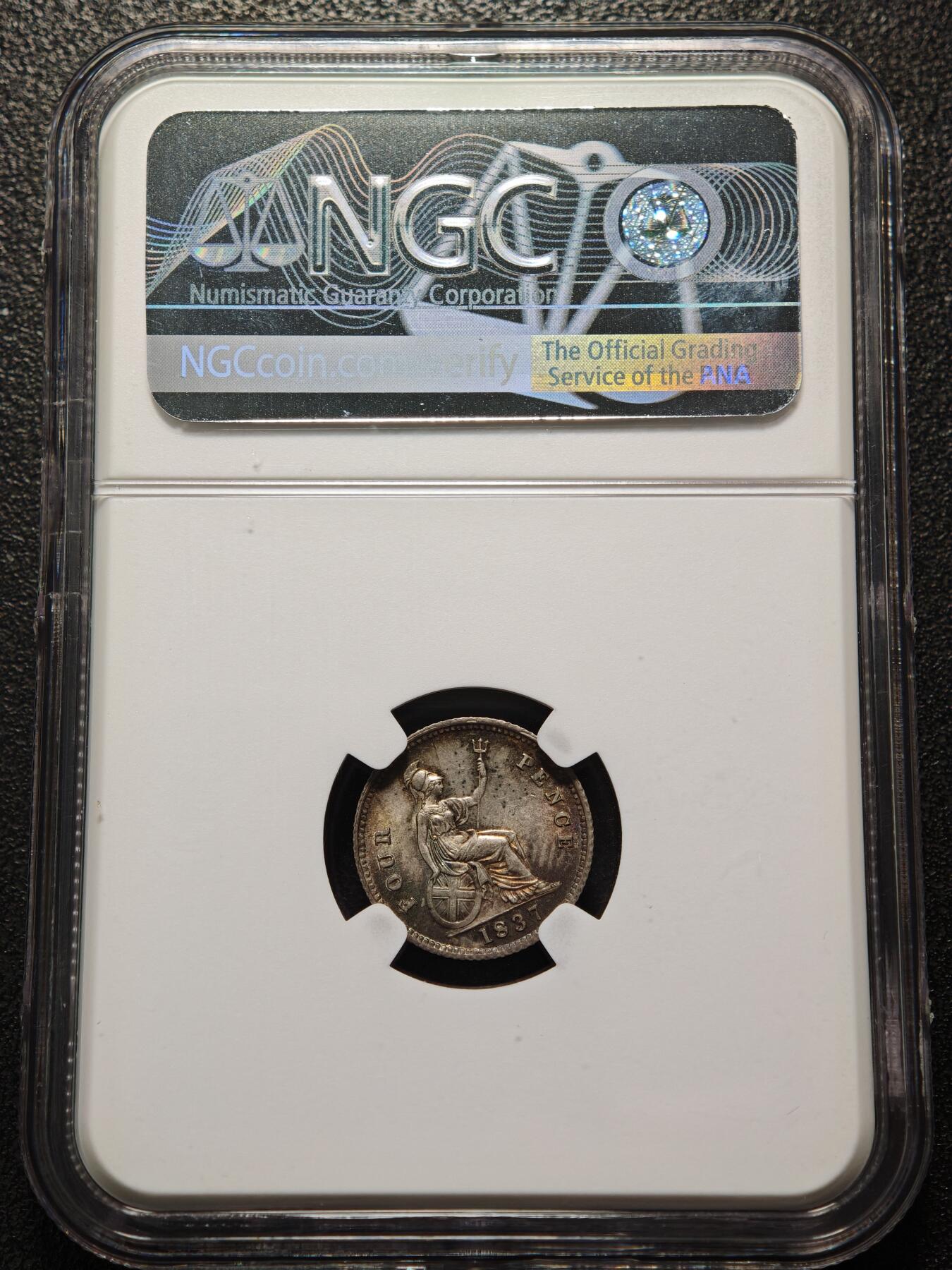 【德藏】世界币章拍卖第154期（拍品征集中~欢迎藏友联系） 1837年 英国4便士银币 NGC MS63 原味五彩包浆 