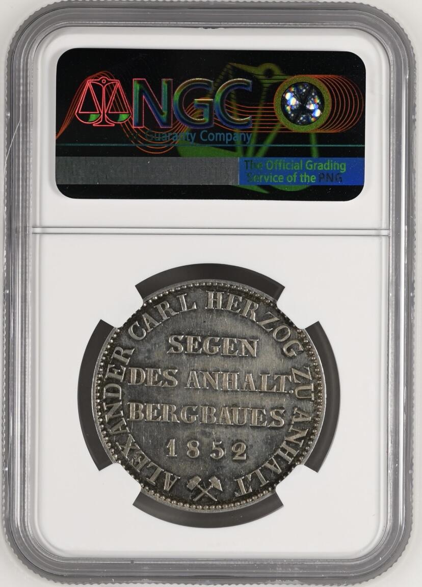 【德藏】世界币章拍卖第154期（拍品征集中~欢迎藏友联系） 1852年 德国安哈特小熊爬墙泰勒银币 NGC UNC 高点不错 细节很好 比较可惜没有出分
