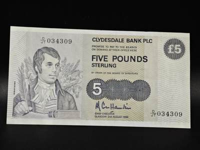 【淘币小摊】限时拍第八百零五拍  纸币场  满百包邮可预留两周  周一统一发货  - 克莱玆戴尔银行1988年5镑纸币【有折】