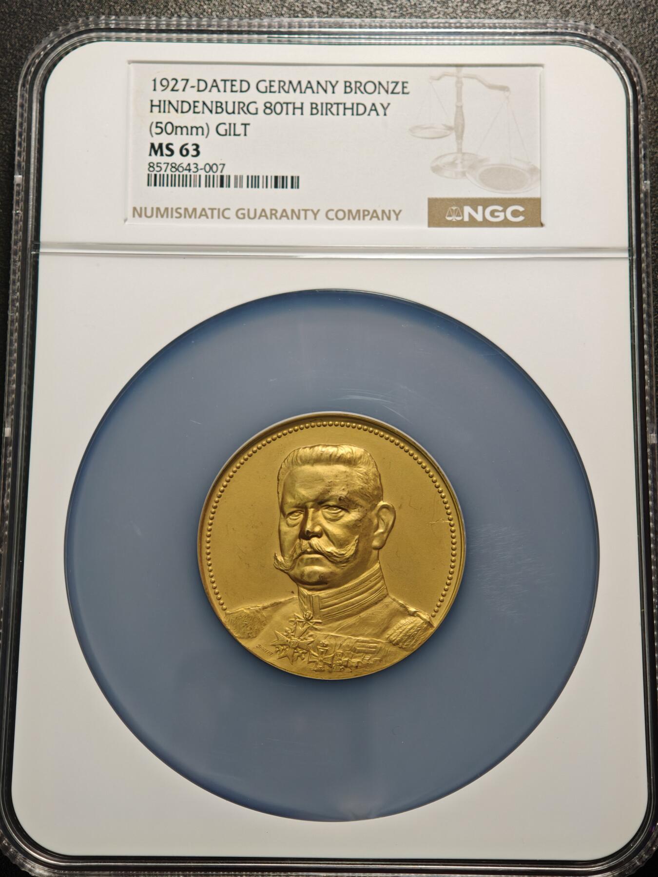 【德藏】世界币章拍卖第154期（拍品征集中~欢迎藏友联系） 1927年 德国一战陆军元帅兴登堡80大寿纪念镀金大铜章 NGC MS63 稀少品种 