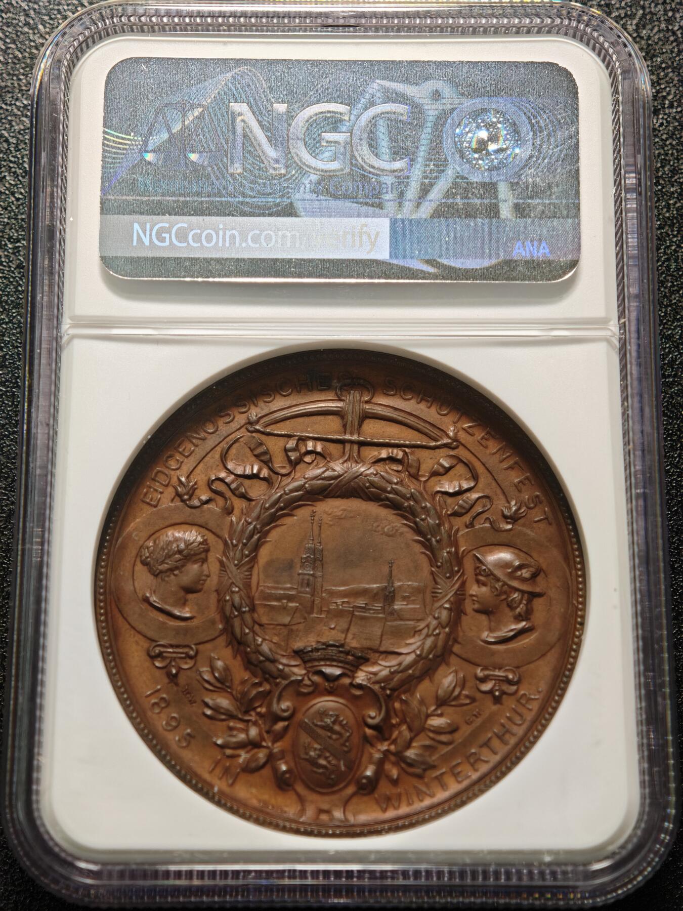 【德藏】世界币章拍卖第154期（拍品征集中~欢迎藏友联系） 1895年 瑞士温特图尔射击节女神铜章 NGC MS63 精美绝伦 品相状态不错