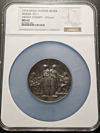 【德藏】世界币章拍卖第154期（拍品征集中~欢迎藏友联系） - 1915年 奥地利维也纳士兵伤员关怀纪念大银章 55mm NGC MS62大盒装 稀少品种 设计精美饱满 
