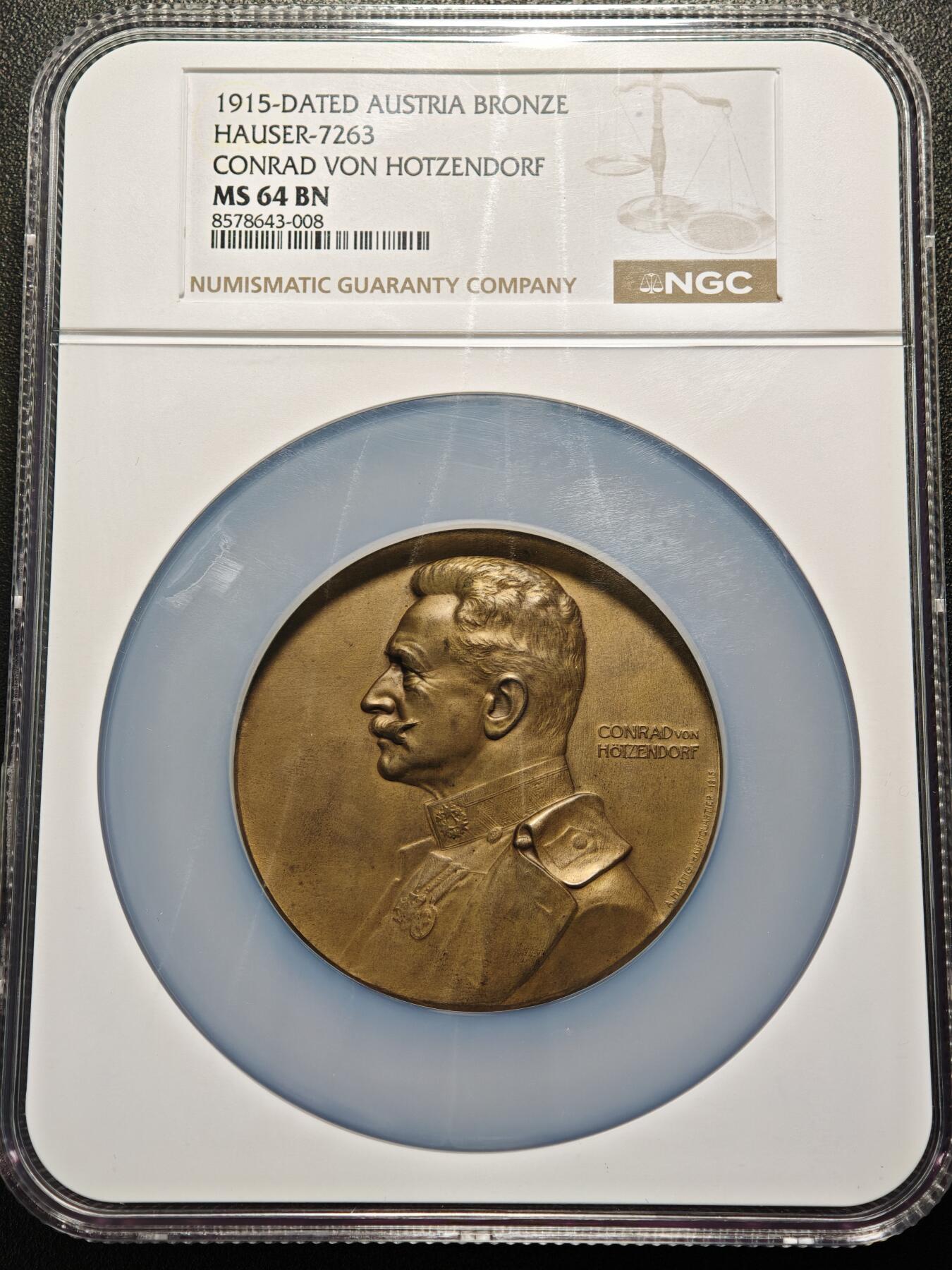 【德藏】世界币章拍卖第154期（拍品征集中~欢迎藏友联系） 1915年 奥地利赫岑多夫伯爵屠龙纪念大铜章 65mm NGC MS64 人物形象生动 厚重压手