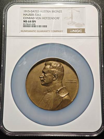 【德藏】世界币章拍卖第154期（拍品征集中~欢迎藏友联系） - 1915年 奥地利赫岑多夫伯爵屠龙纪念大铜章 65mm NGC MS64 人物形象生动 厚重压手