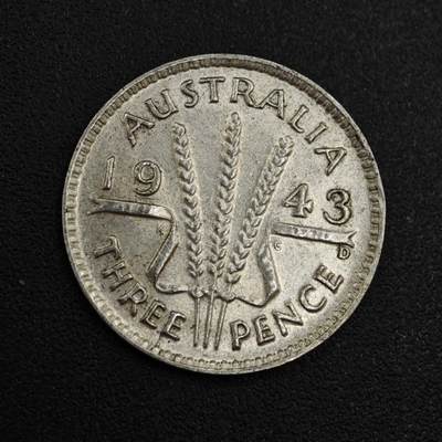 【淘币小摊】实时拍第八百零四拍   散币银币场   满百包邮可预留二周 每周一统一发货   - 澳大利亚1943年乔治六世3便士银币