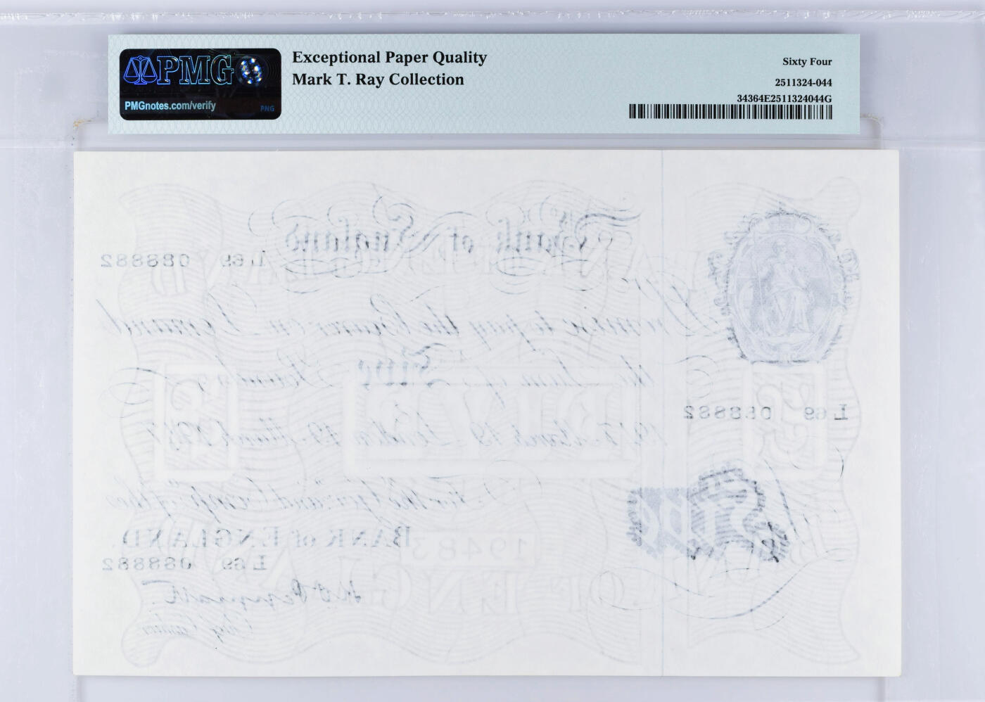 【Blue Auction】世界纸币精拍第754期——18级TOP拍卖/信誉/品质/专业/高效💫 【名家旧藏 靓号088882】英国 1947年5镑 白色英镑 超大票幅 满版水印 PMG64EPQ 全新原票 