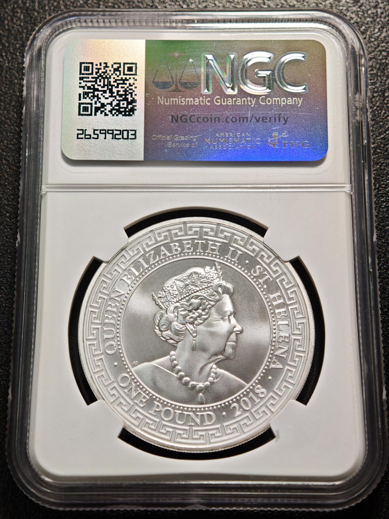 【德藏】世界币章拍卖第154期（拍品征集中~欢迎藏友联系）  2018年 圣赫勒拿 东印度公司英国贸易银币。NGC MS69 站洋图案，面值1磅。非常少见，发行量仅10000枚，值得收藏。