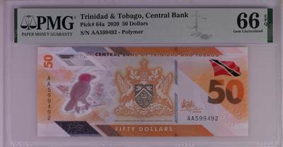 《艾美收藏》第221期-11.23周日黄金场精品荟萃 - 特立尼达和多巴哥2020年AA冠50元PMG66E 很漂亮的一张塑料钞