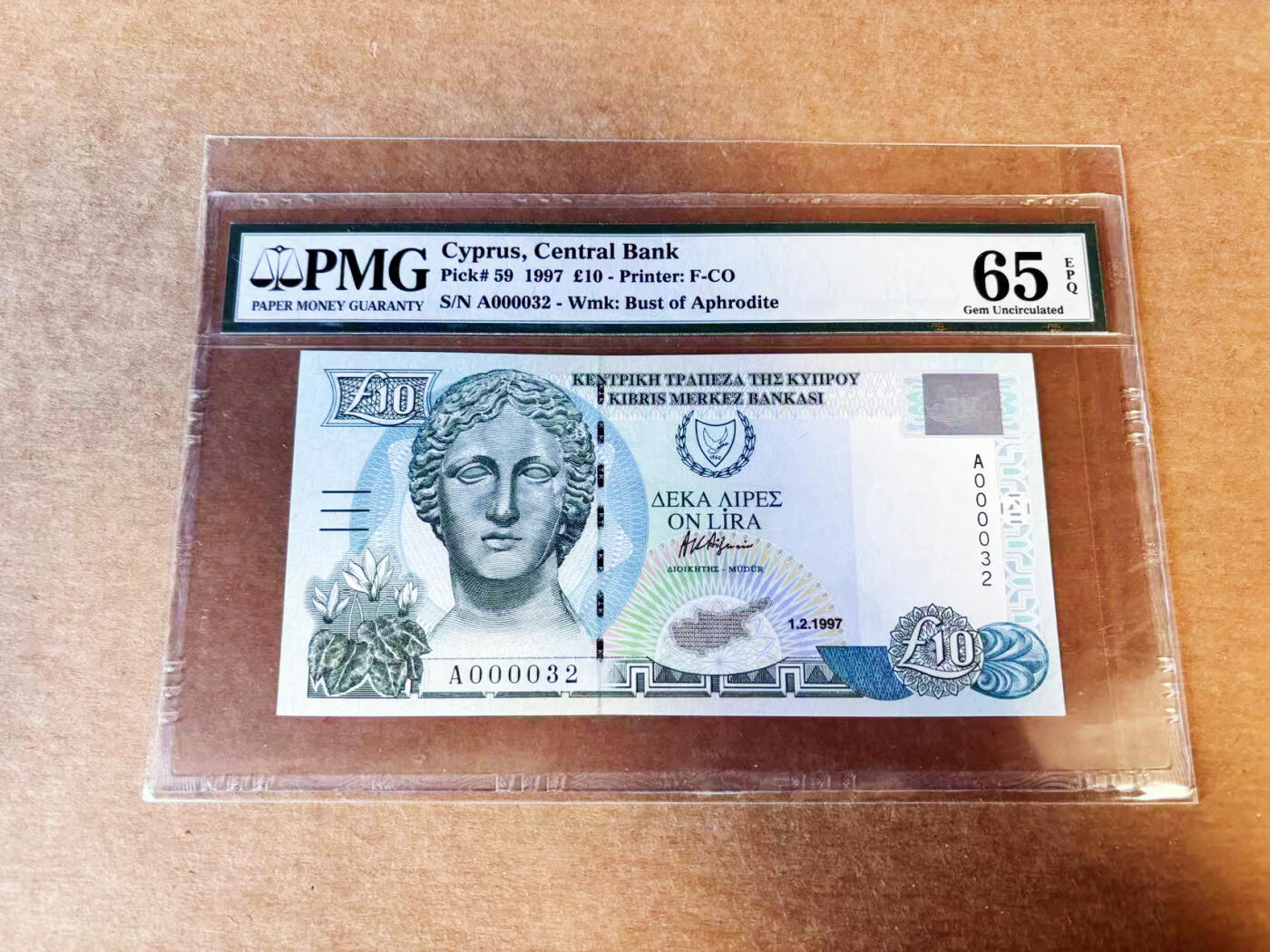 【Blue Auction】世界纸币精拍第754期——18级TOP拍卖/信誉/品质/专业/高效💫 【A冠32小号】塞浦路斯 1997年10镑  PMG65EPQ 