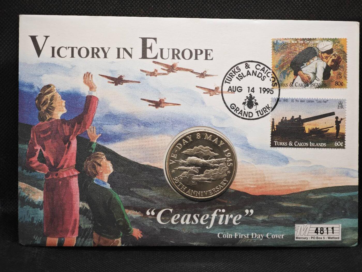 【淘币小摊】限时拍第八百零七拍  克朗币邮币封场  满百包邮可预留两周  周一统一发货   特克斯凯科斯1995年二战胜利50周年5克朗纪念币邮币封