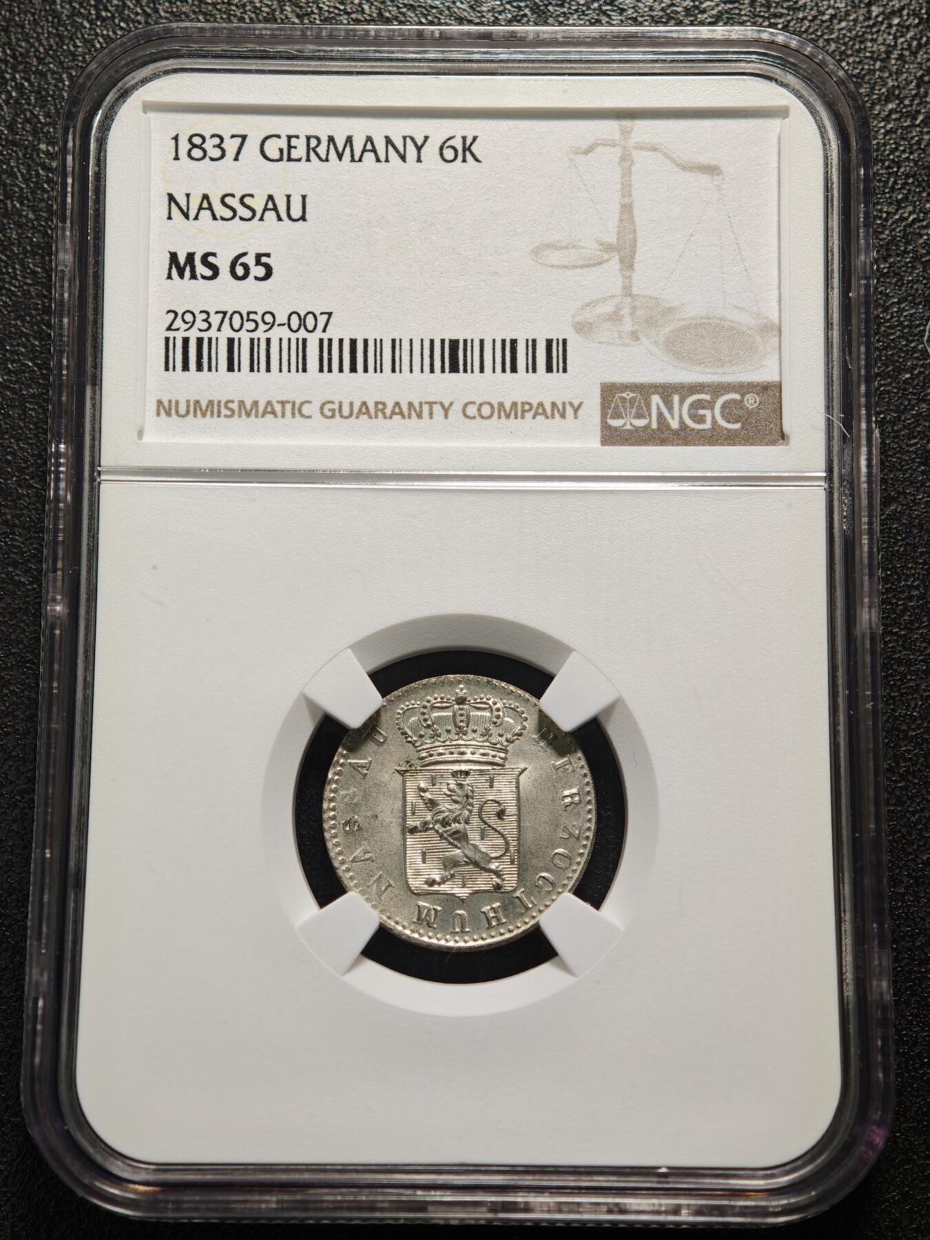 【德藏】世界币章拍卖第154期（拍品征集中~欢迎藏友联系） 1837年 德国拿骚6克洛泽银币 NGC MS65 顶级原光Gem Bu好品好状态