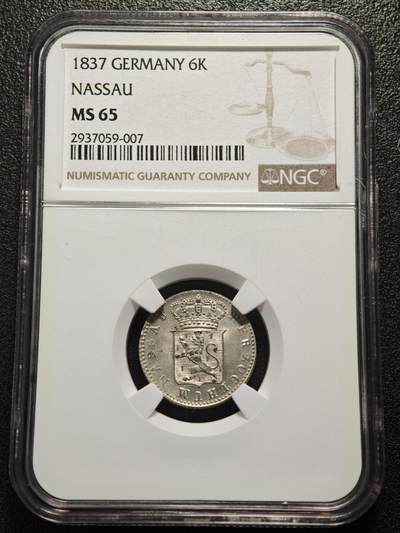【德藏】世界币章拍卖第154期（拍品征集中~欢迎藏友联系） - 1837年 德国拿骚6克洛泽银币 NGC MS65 顶级原光Gem Bu好品好状态