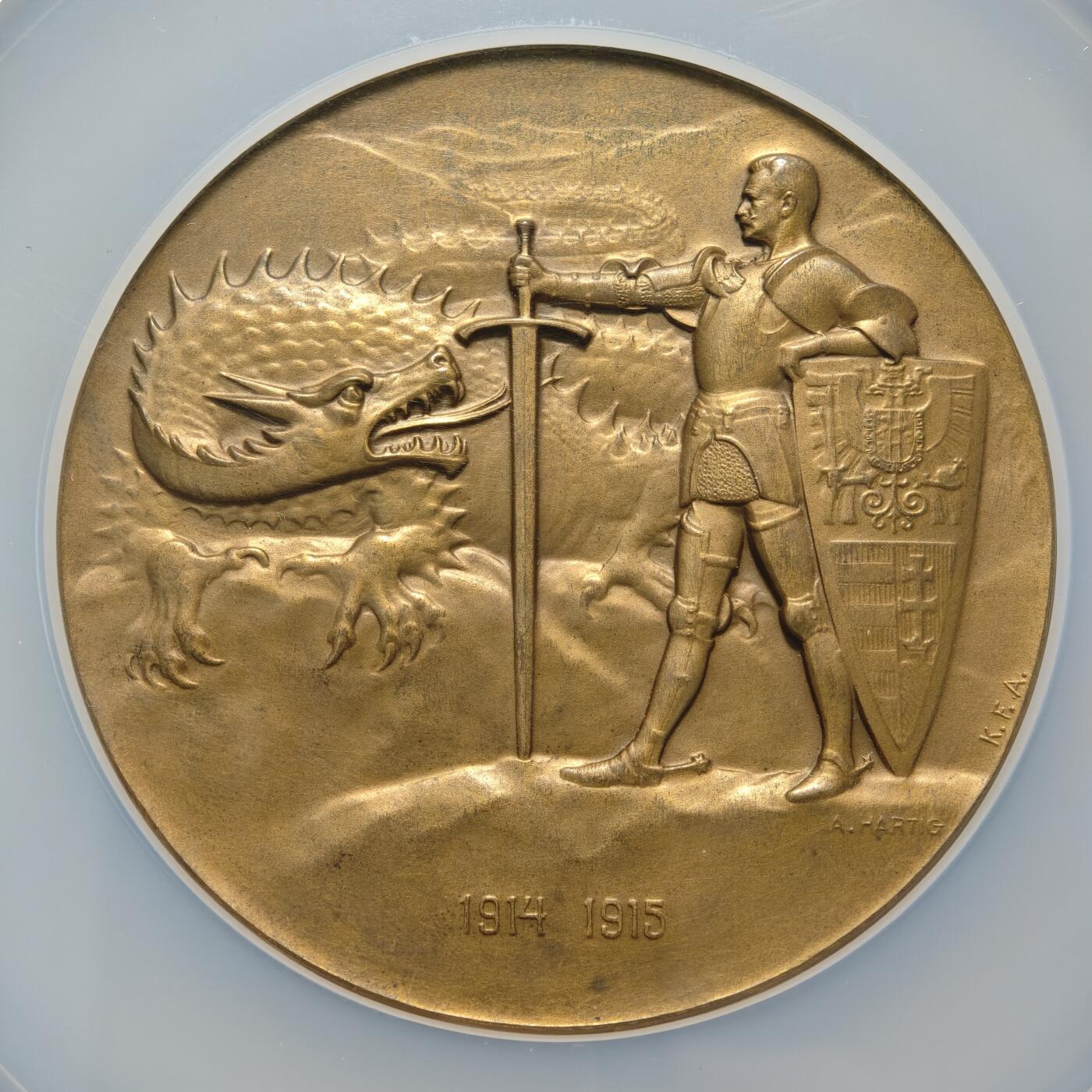 【德藏】世界币章拍卖第154期（拍品征集中~欢迎藏友联系） 1915年 奥地利赫岑多夫伯爵屠龙纪念大铜章 65mm NGC MS64 人物形象生动 厚重压手