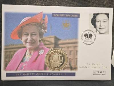 【淘币小摊】限时拍第八百零七拍  克朗币邮币封场  满百包邮可预留两周  周一统一发货  -  福克兰群岛2002年女王登基金禧50便士纪念币邮币封