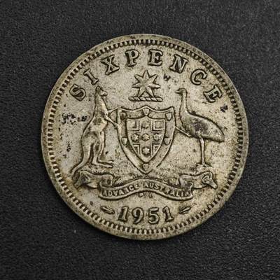 【淘币小摊】实时拍第八百零四拍   散币银币场   满百包邮可预留二周 每周一统一发货   - 澳大利亚1951年乔治六世6便士银币