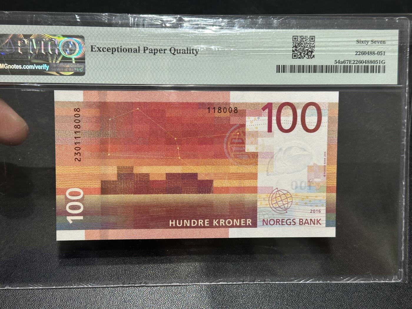 《外钞收藏家》第五百八十七期（精选场）（本平台长期征集拍品、欢迎藏友们联系合作） 2016年挪威100克朗 PMG67 无47靓号