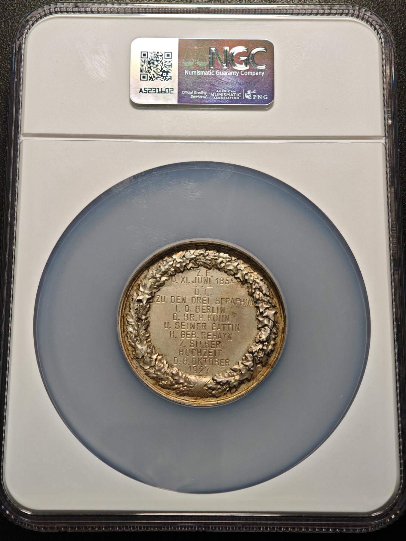 【德藏】世界币章拍卖第154期（拍品征集中~欢迎藏友联系） 1927年 德国普鲁士威廉一世结婚纪念大银章 51mm NGC MS63 原味黄油彩包浆 品相状态一流