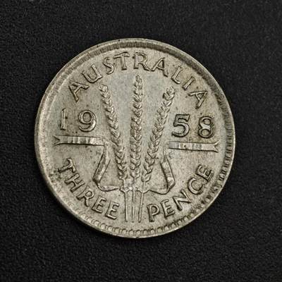 【淘币小摊】实时拍第八百零四拍   散币银币场   满百包邮可预留二周 每周一统一发货   - 澳大利亚1958年伊丽莎白二世3便士银币