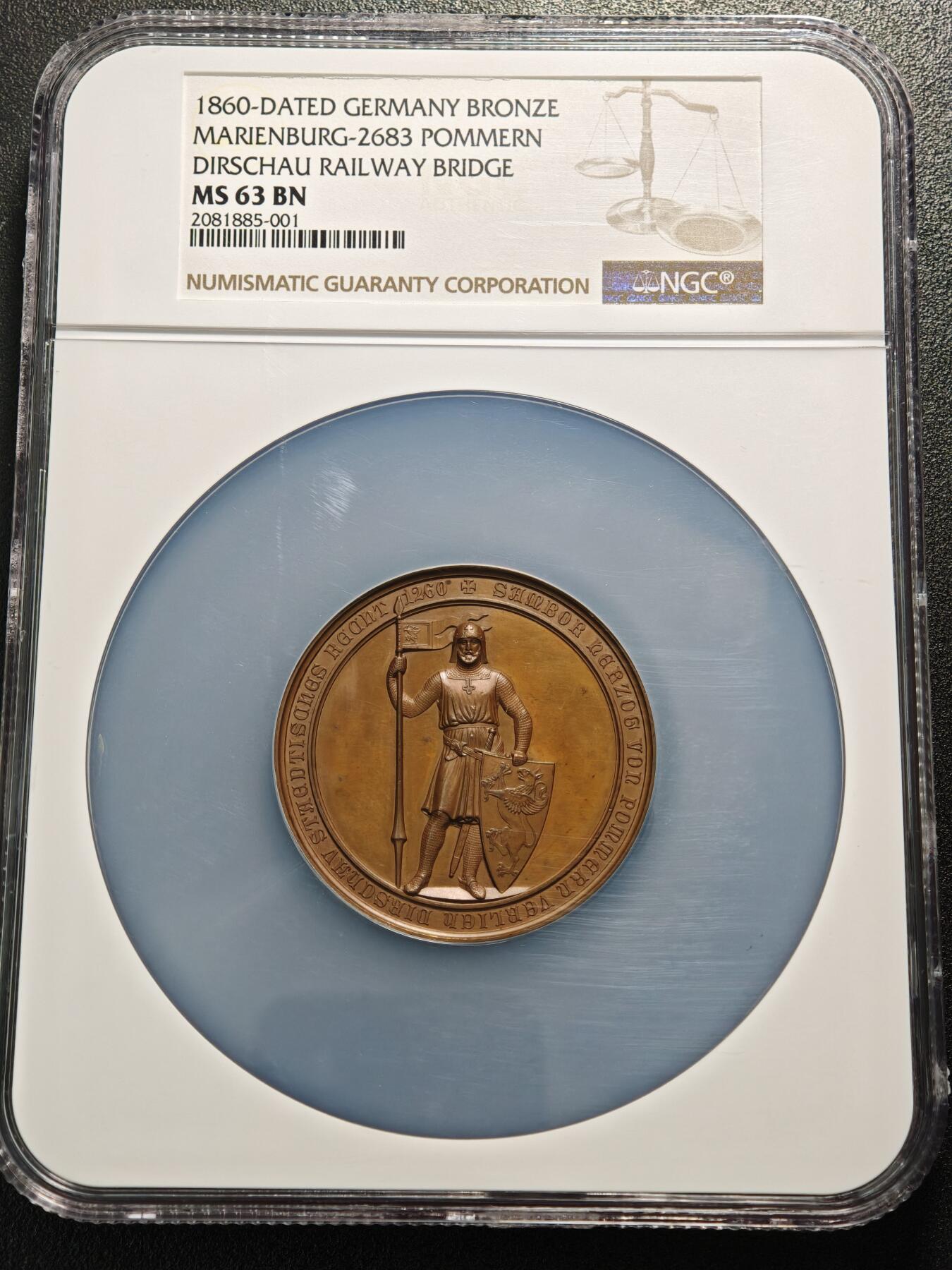 【德藏】世界币章拍卖第154期（拍品征集中~欢迎藏友联系） 1860年 德国普鲁士特切夫铁路大桥落成暨建市600周年纪念大铜章 51mm NGC MS63 设计精美大气 品相状态一流