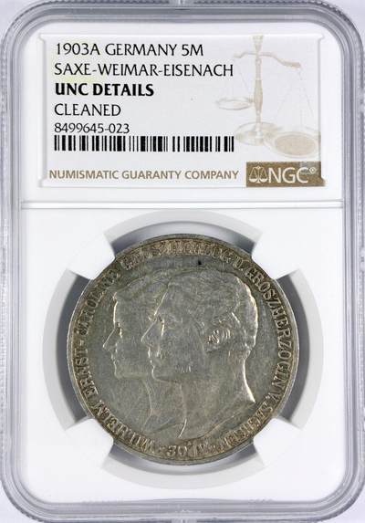 【雨安】【直播拍卖】【世界币章116期-评级币】2025-11-22 周六 19:30 保真 - [评级德国] Germany 德国 帝国 J.159 萨克森-魏玛-艾森纳赫 5马克 (1903) 威廉·恩斯特大公结婚纪念 1903年  NGC-UNC