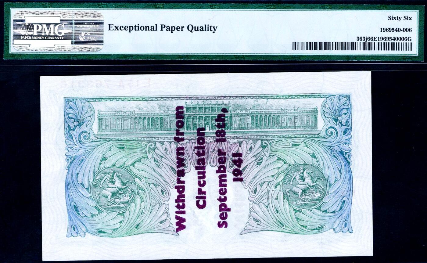 【Blue Auction】世界纸币精拍第754期——18级TOP拍卖/信誉/品质/专业/高效💫 【冠军分 仅2张罕见】英国 A序列 1941年1镑PMG66EPQ老壳 加盖 