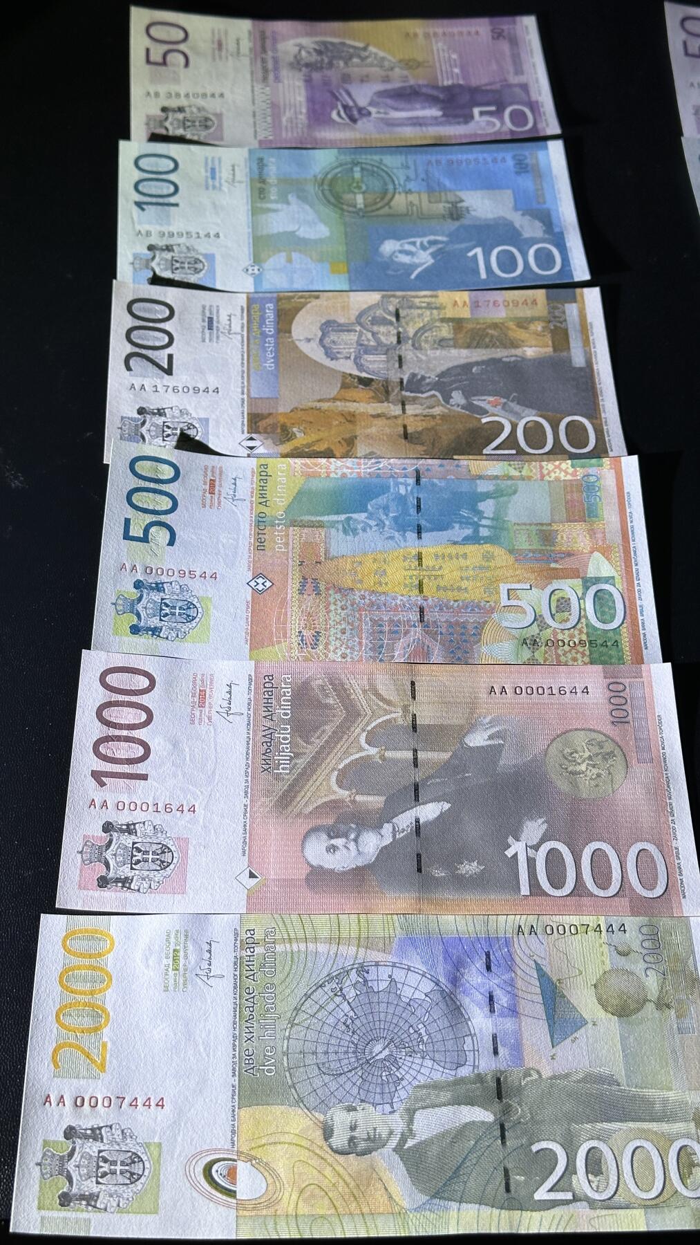 《外钞收藏家》第五百八十七期（精选场）（本平台长期征集拍品、欢迎藏友们联系合作） 2014年塞尔维亚50-2000第纳尔 六张一起 全新UNC 尾两同44 有4张是千位号 AA冠