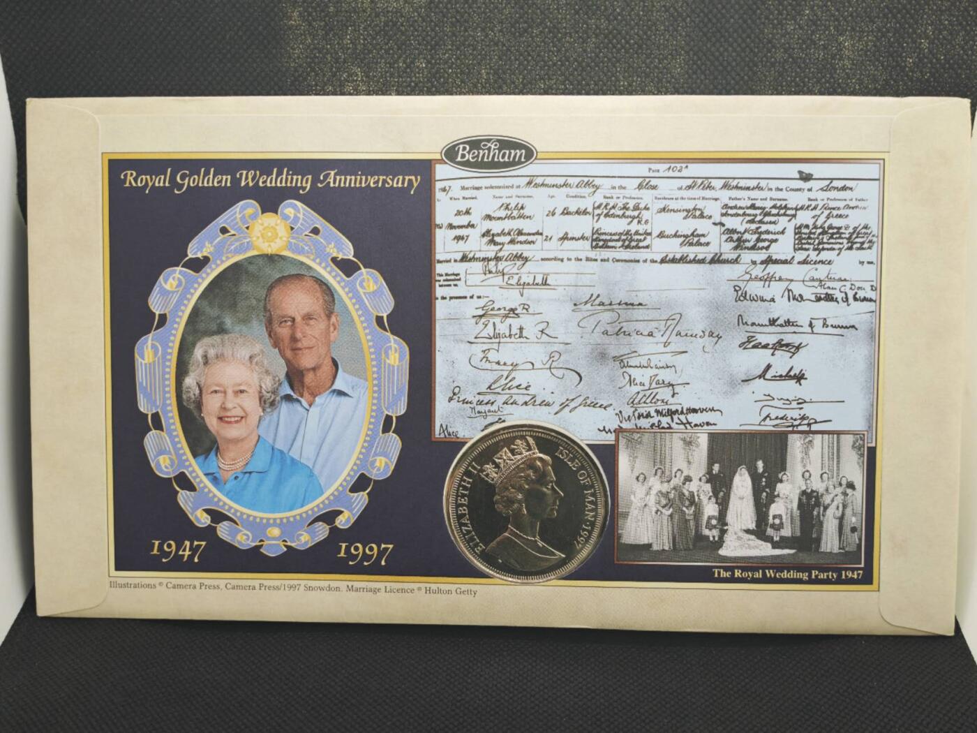 【淘币小摊】限时拍第八百零七拍  克朗币邮币封场  满百包邮可预留两周  周一统一发货   马恩岛1997年女王金婚克朗纪念币邮币封