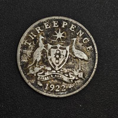 【淘币小摊】实时拍第八百零四拍   散币银币场   满百包邮可预留二周 每周一统一发货   - 澳大利亚1922年乔治五世3便士银币