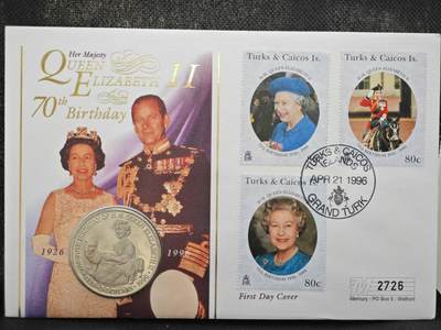 【淘币小摊】限时拍第八百零七拍  克朗币邮币封场  满百包邮可预留两周  周一统一发货  -  特克斯凯科斯1996年女王70周岁5克朗纪念币邮币封