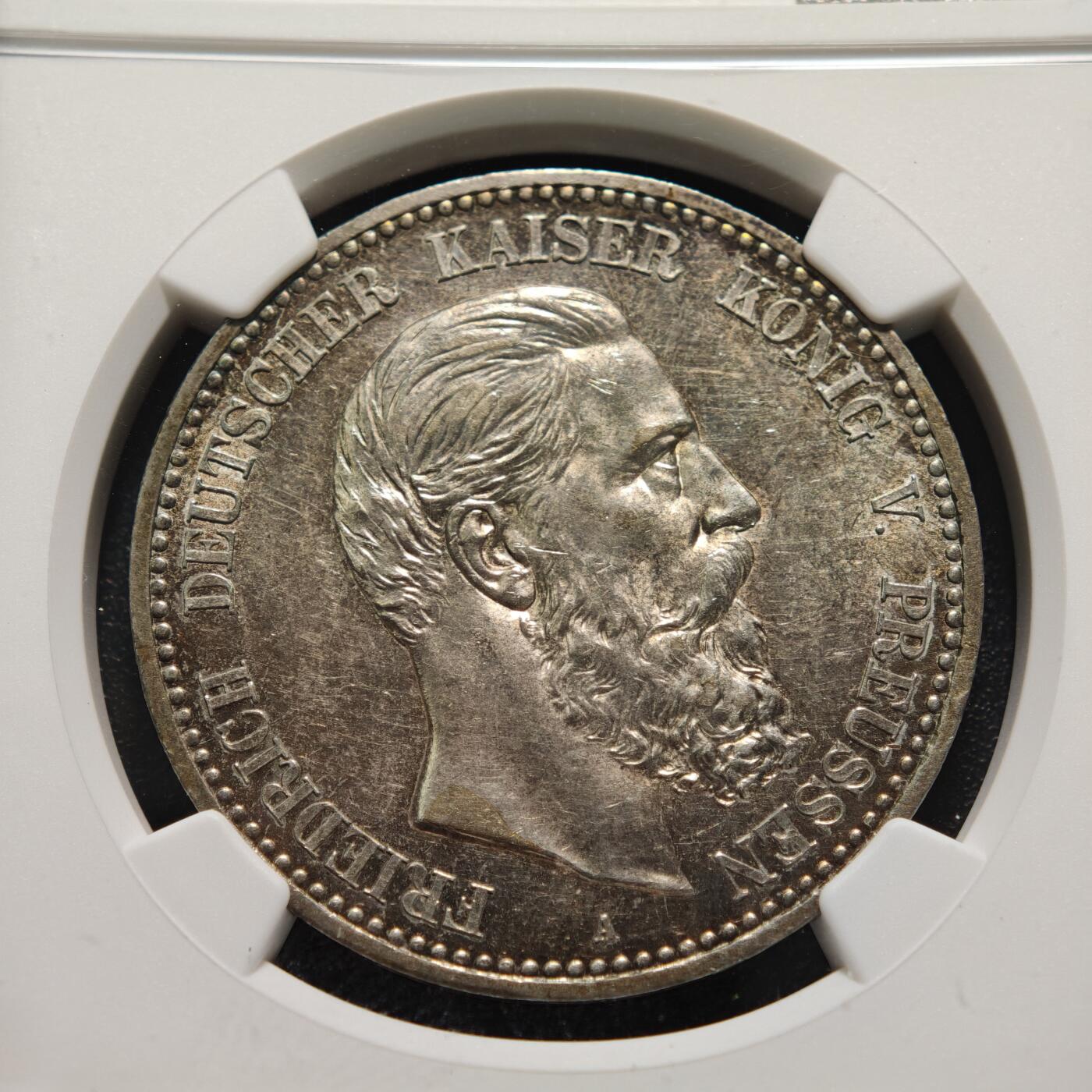 【德藏】世界币章拍卖第154期（拍品征集中~欢迎藏友联系） 1888年 德国普鲁士弗里德里希三世弗三短翅鹰5马克银币 NGC UNC 原味包浆 很出彩有老洗