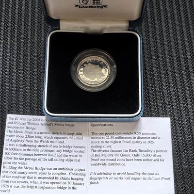 道一币馆币章第一百五十六场 - 原盒证 英国2005年梅奈桥1镑精制银币