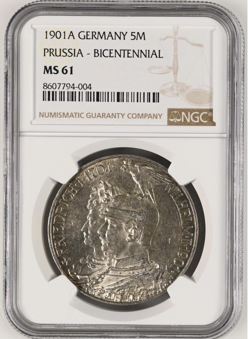 【德藏】世界币章拍卖第154期（拍品征集中~欢迎藏友联系） 1901年 德国普鲁士建国200周年5马克银币 NGC MS61 细节很好 略微低评