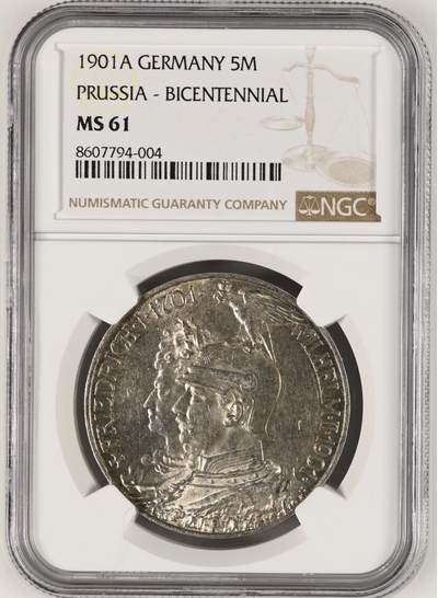 【德藏】世界币章拍卖第154期（拍品征集中~欢迎藏友联系） - 1901年 德国普鲁士建国200周年5马克银币 NGC MS61 细节很好 略微低评